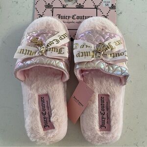 Juicy Couture Pink faux fur inside quilted upper Slippers with gold charms New
